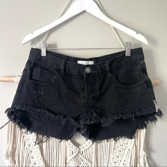 One Teaspoon Bonitas Distressed Black Denim Shorts - Picture 3 of 6
